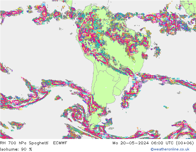 RH 700 гПа Spaghetti ECMWF пн 20.05.2024 06 UTC