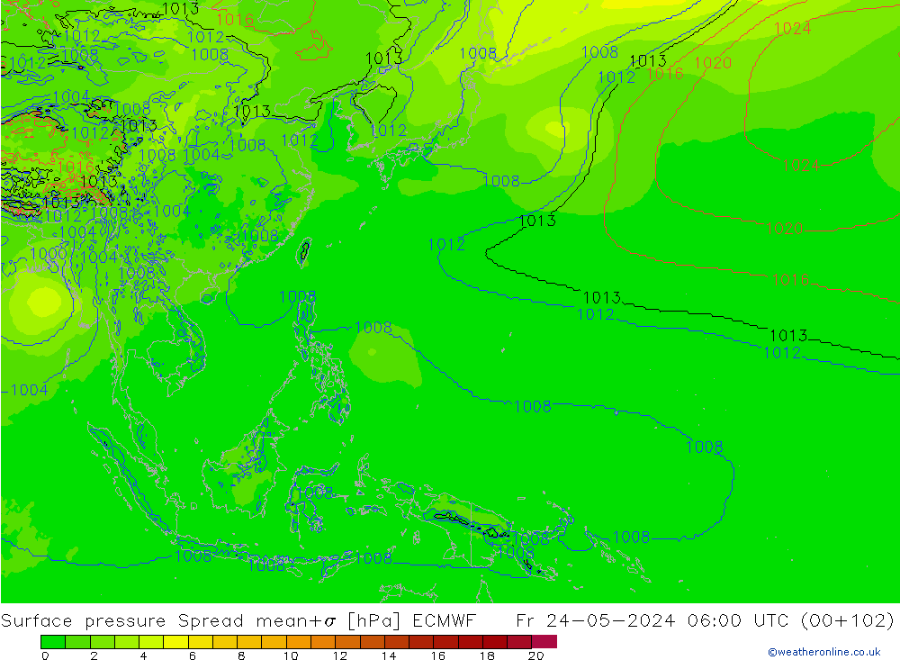 Pressione al suolo Spread ECMWF ven 24.05.2024 06 UTC