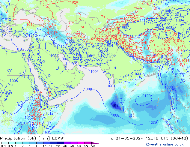 Precipitation (6h) ECMWF Tu 21.05.2024 18 UTC
