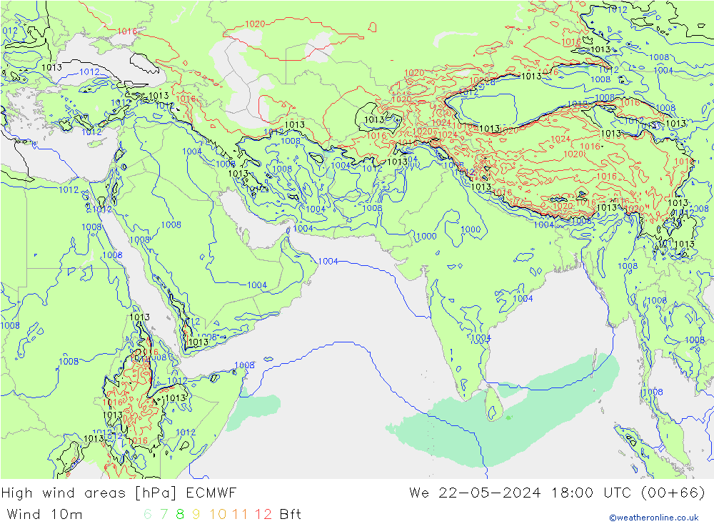 High wind areas ECMWF mer 22.05.2024 18 UTC