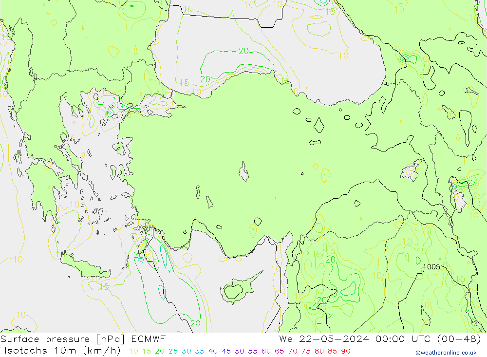 Eşrüzgar Hızları (km/sa) ECMWF Çar 22.05.2024 00 UTC