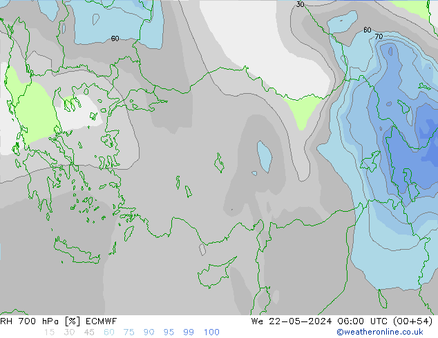 Humedad rel. 700hPa ECMWF mié 22.05.2024 06 UTC