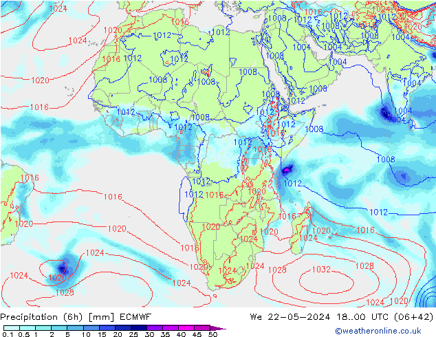 Precipitation (6h) ECMWF We 22.05.2024 00 UTC