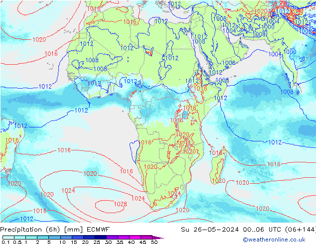 Precipitation (6h) ECMWF Su 26.05.2024 06 UTC