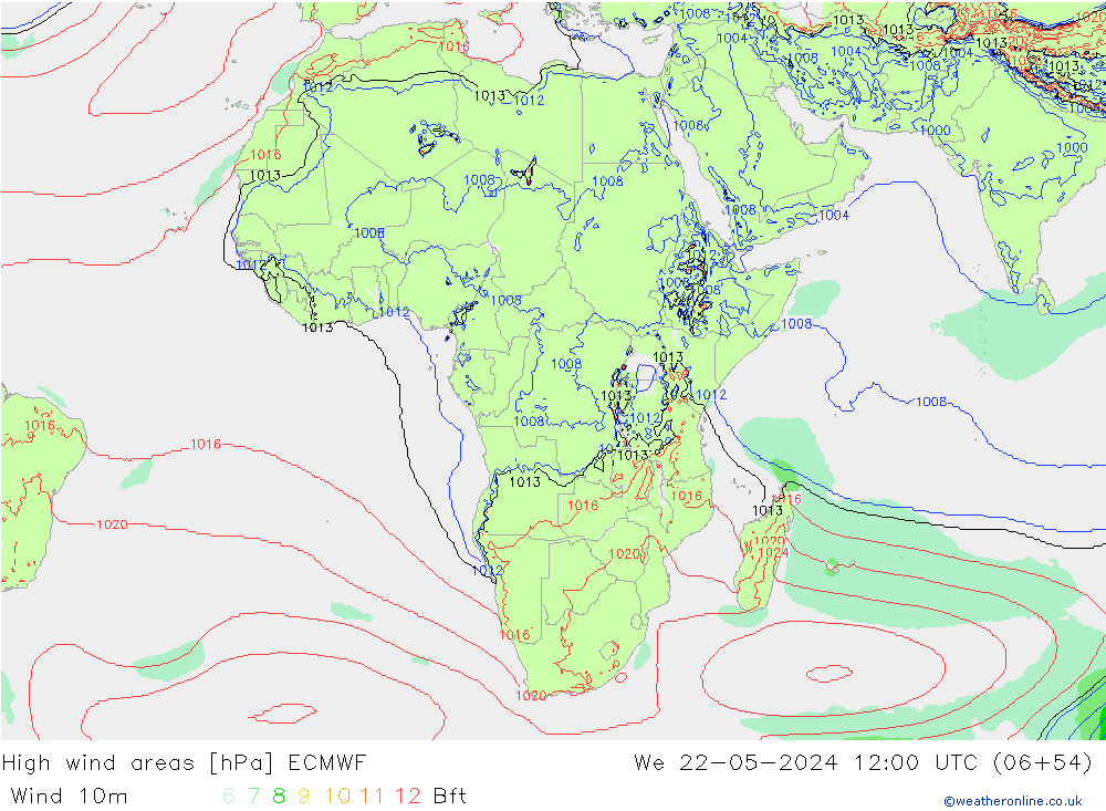 High wind areas ECMWF mer 22.05.2024 12 UTC