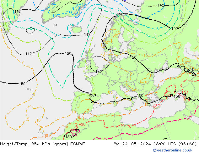 Geop./Temp. 850 hPa ECMWF mié 22.05.2024 18 UTC
