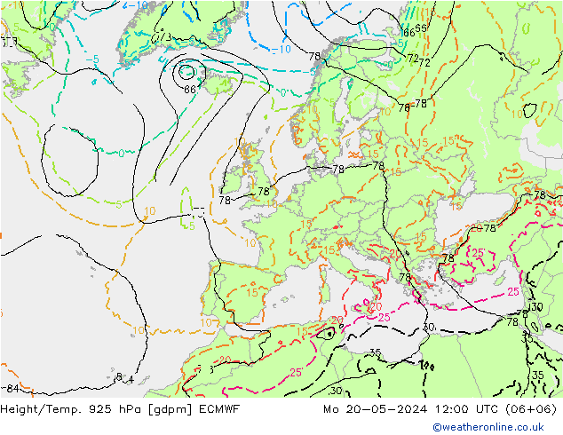 Height/Temp. 925 hPa ECMWF pon. 20.05.2024 12 UTC