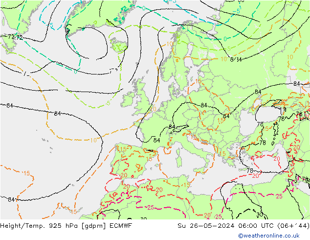 Hoogte/Temp. 925 hPa ECMWF zo 26.05.2024 06 UTC