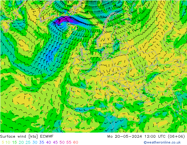 ветер 10 m ECMWF пн 20.05.2024 12 UTC