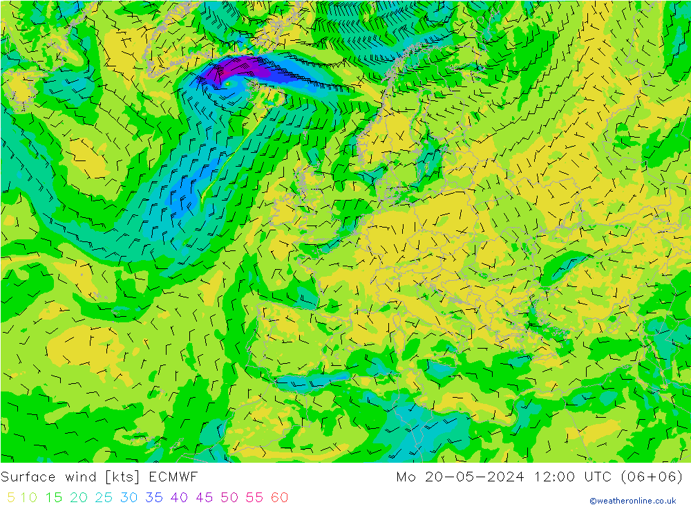 wiatr 10 m ECMWF pon. 20.05.2024 12 UTC