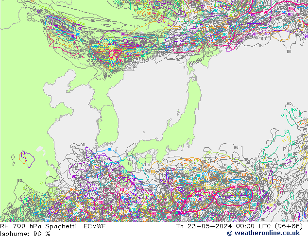 Humidité rel. 700 hPa Spaghetti ECMWF jeu 23.05.2024 00 UTC