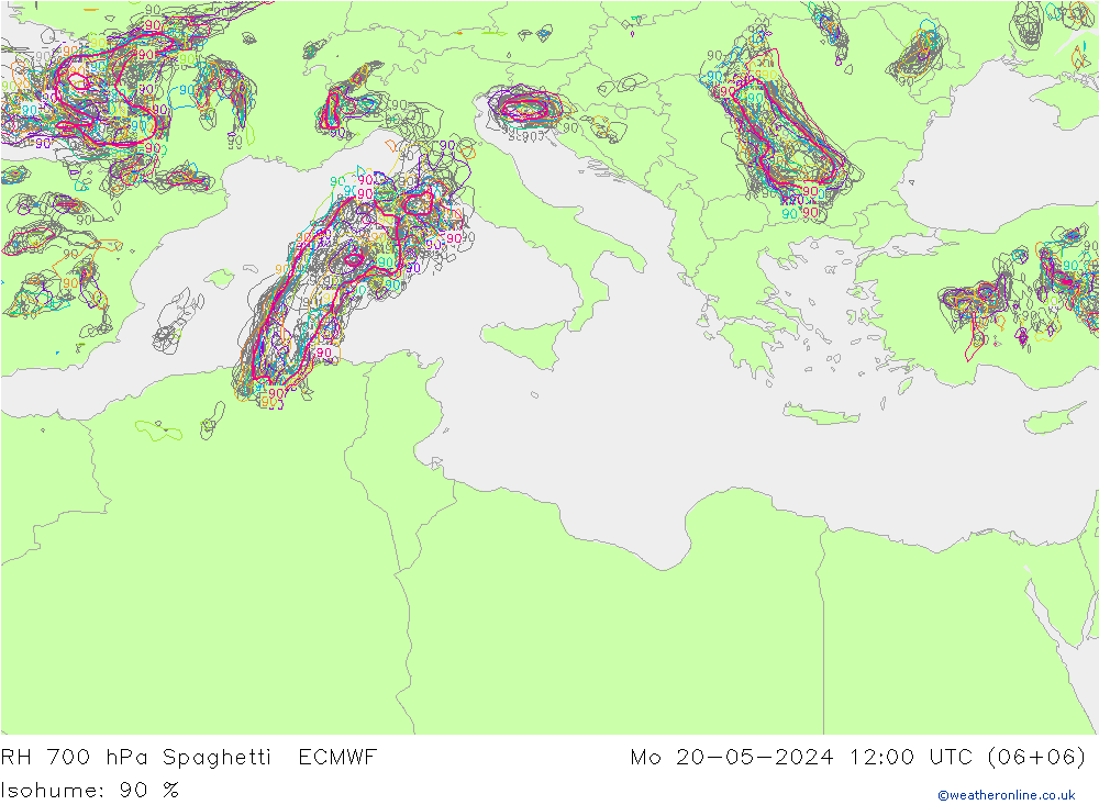 RH 700 hPa Spaghetti ECMWF Po 20.05.2024 12 UTC