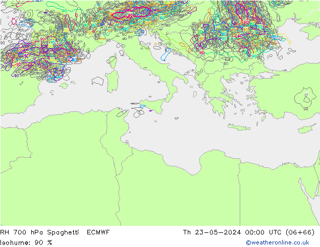 RH 700 hPa Spaghetti ECMWF  23.05.2024 00 UTC