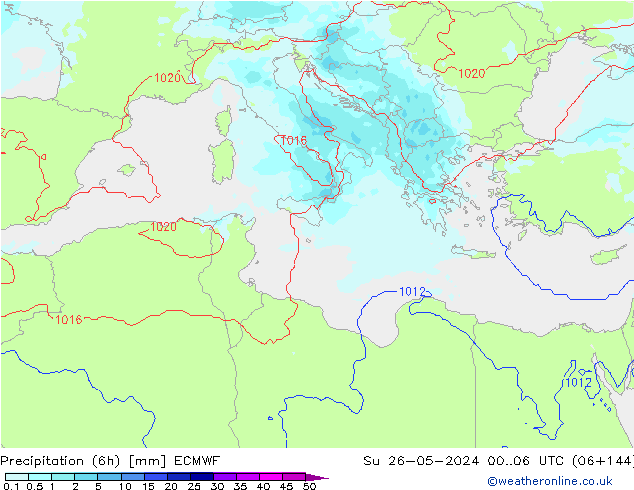 Totale neerslag (6h) ECMWF zo 26.05.2024 06 UTC