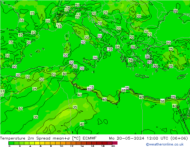 Temperature 2m Spread ECMWF Mo 20.05.2024 12 UTC
