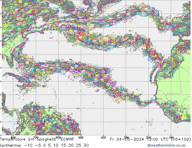 Temperature 2m Spaghetti ECMWF Fr 24.05.2024 12 UTC