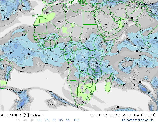 Humidité rel. 700 hPa ECMWF mar 21.05.2024 18 UTC