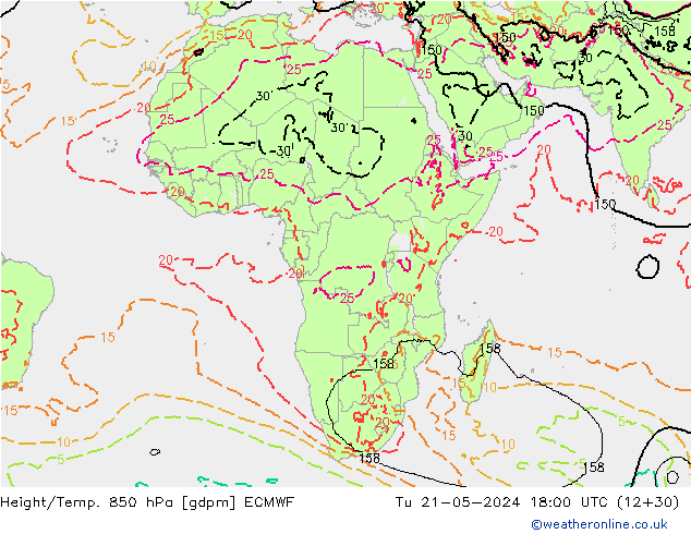 Height/Temp. 850 hPa ECMWF mar 21.05.2024 18 UTC