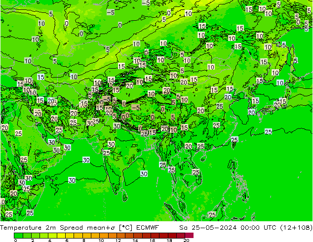température 2m Spread ECMWF sam 25.05.2024 00 UTC