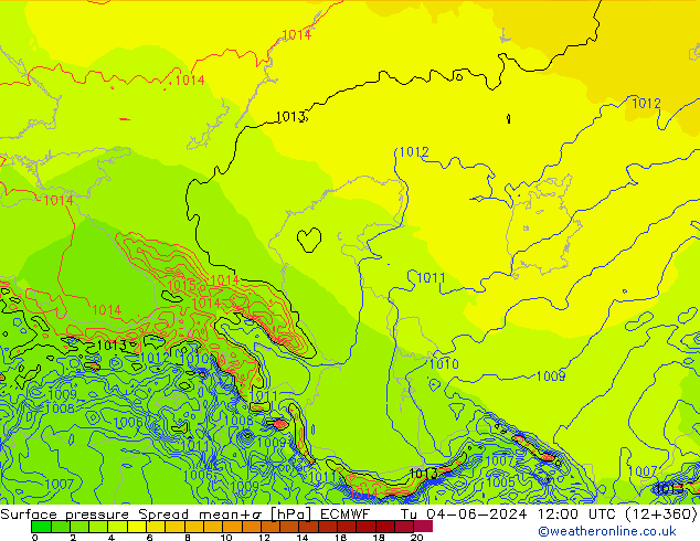 Atmosférický tlak Spread ECMWF Út 04.06.2024 12 UTC