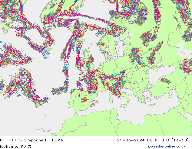 RH 700 hPa Spaghetti ECMWF mar 21.05.2024 06 UTC