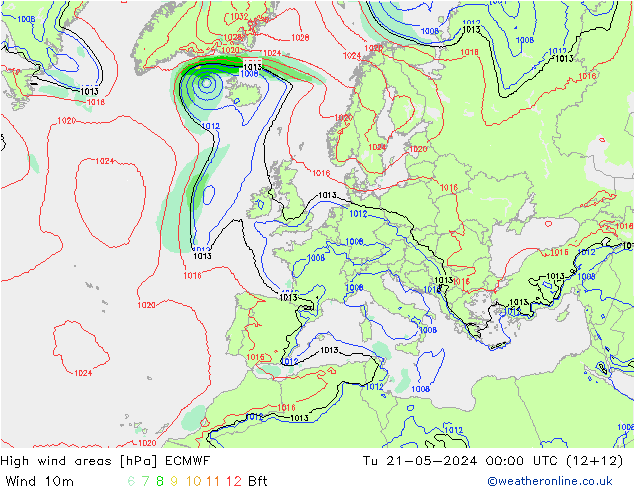 High wind areas ECMWF вт 21.05.2024 00 UTC