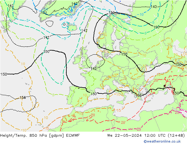 Height/Temp. 850 hPa ECMWF Qua 22.05.2024 12 UTC