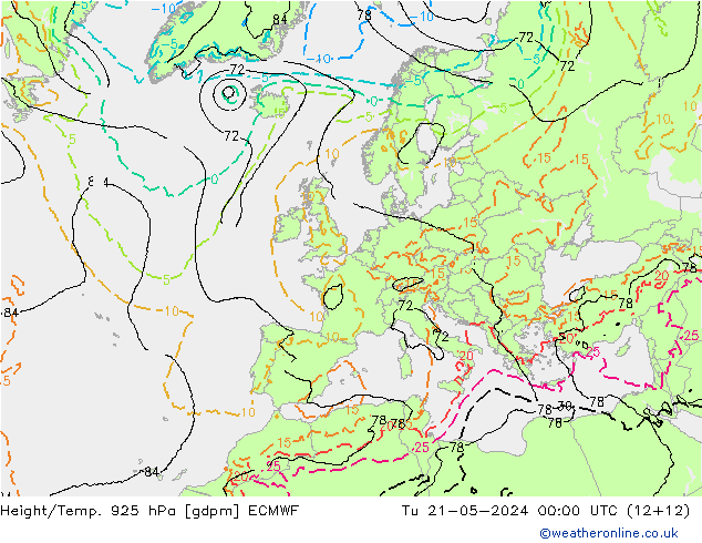Height/Temp. 925 hPa ECMWF Di 21.05.2024 00 UTC
