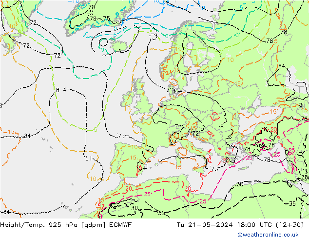 Height/Temp. 925 hPa ECMWF Tu 21.05.2024 18 UTC