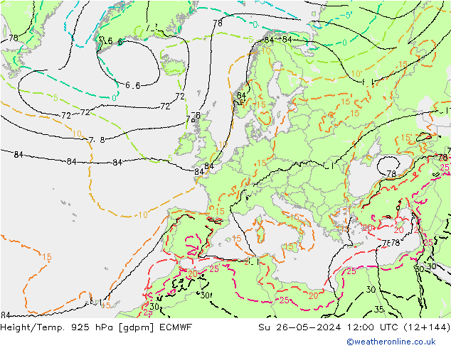 Géop./Temp. 925 hPa ECMWF dim 26.05.2024 12 UTC