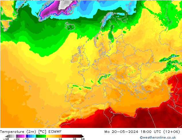 карта температуры ECMWF пн 20.05.2024 18 UTC