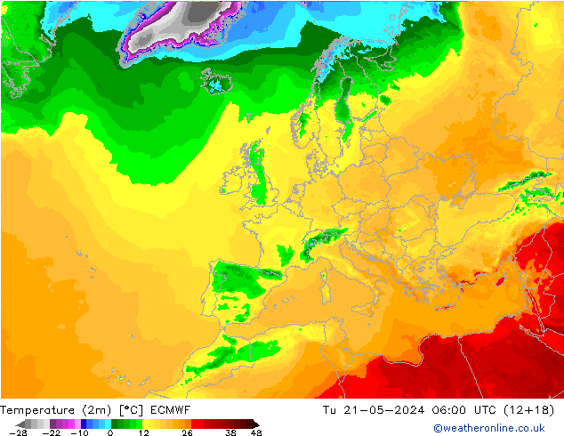 Temperatuurkaart (2m) ECMWF di 21.05.2024 06 UTC
