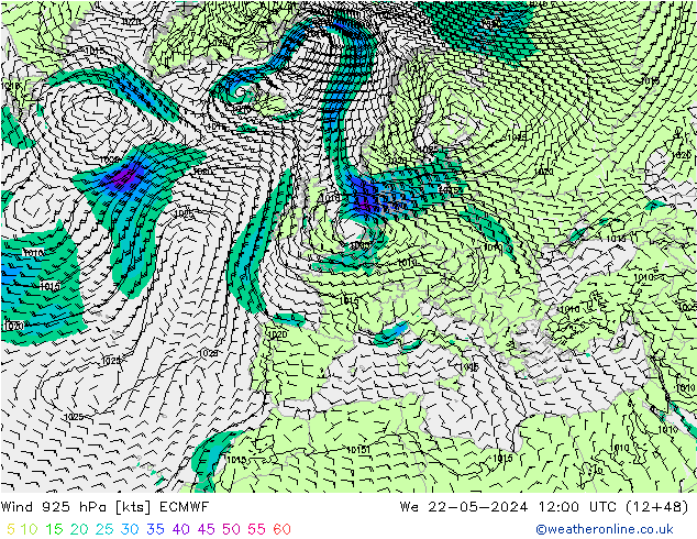 Wind 925 hPa ECMWF We 22.05.2024 12 UTC