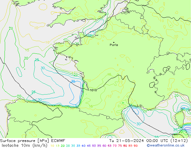 Isotachs (kph) ECMWF вт 21.05.2024 00 UTC