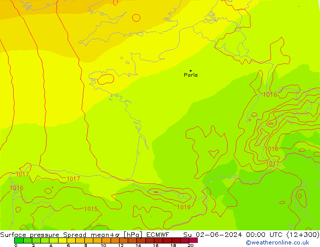 Atmosférický tlak Spread ECMWF Ne 02.06.2024 00 UTC