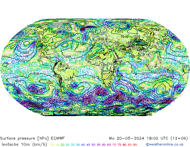 Isotachs (kph) ECMWF Po 20.05.2024 18 UTC