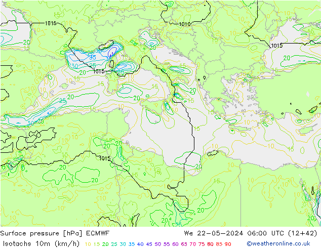 Isotachs (kph) ECMWF St 22.05.2024 06 UTC