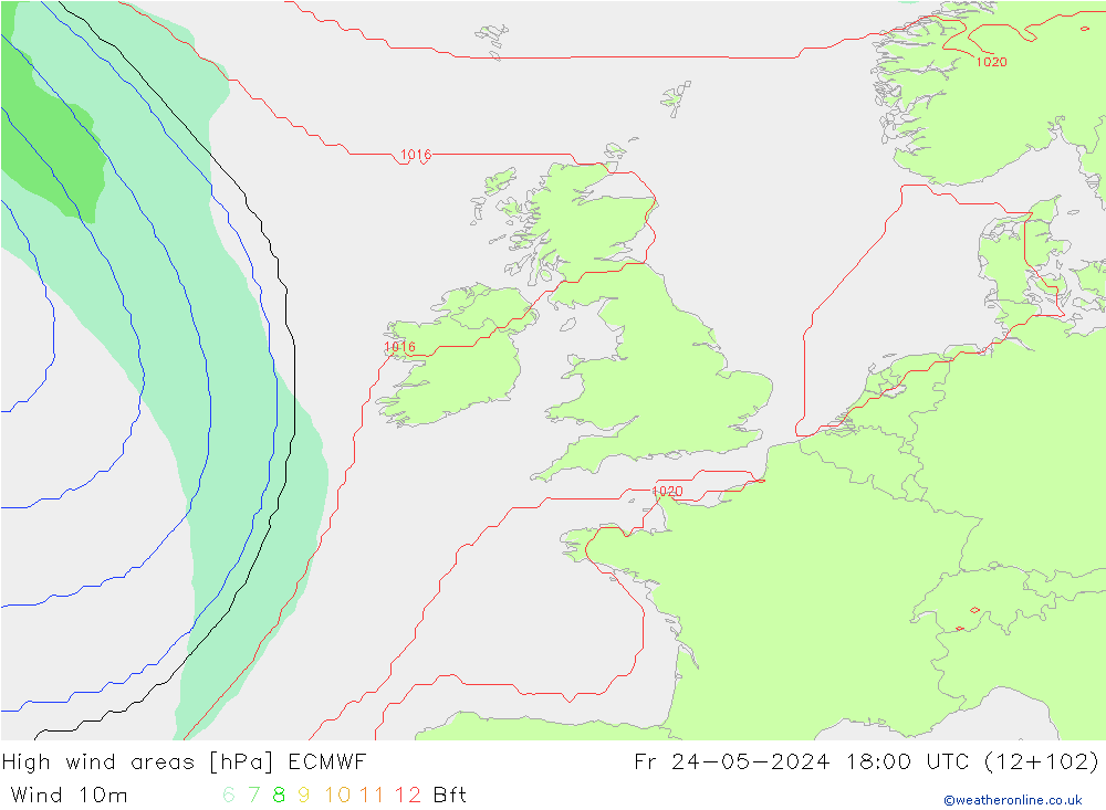 High wind areas ECMWF Sex 24.05.2024 18 UTC
