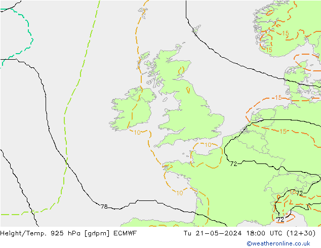 Height/Temp. 925 hPa ECMWF Út 21.05.2024 18 UTC