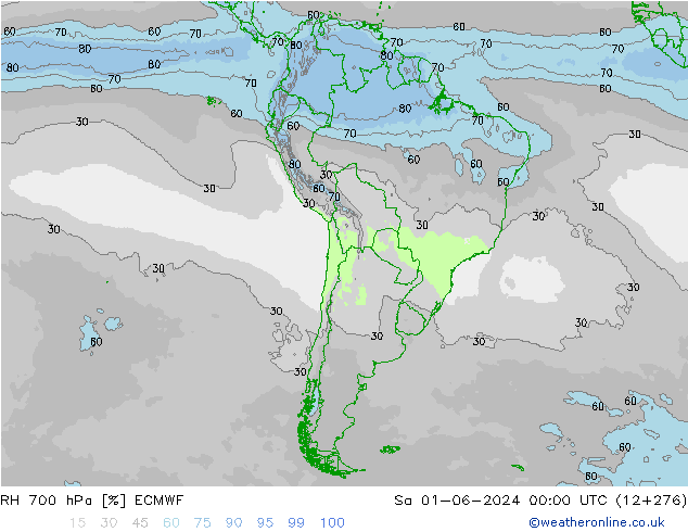 RH 700 hPa ECMWF Sáb 01.06.2024 00 UTC