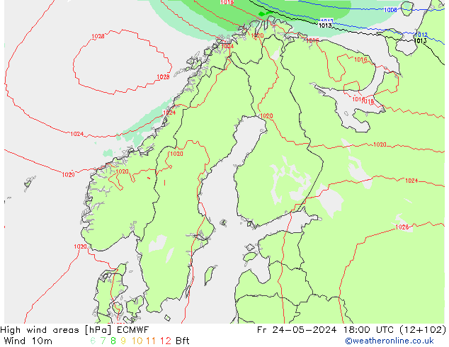 High wind areas ECMWF Pá 24.05.2024 18 UTC