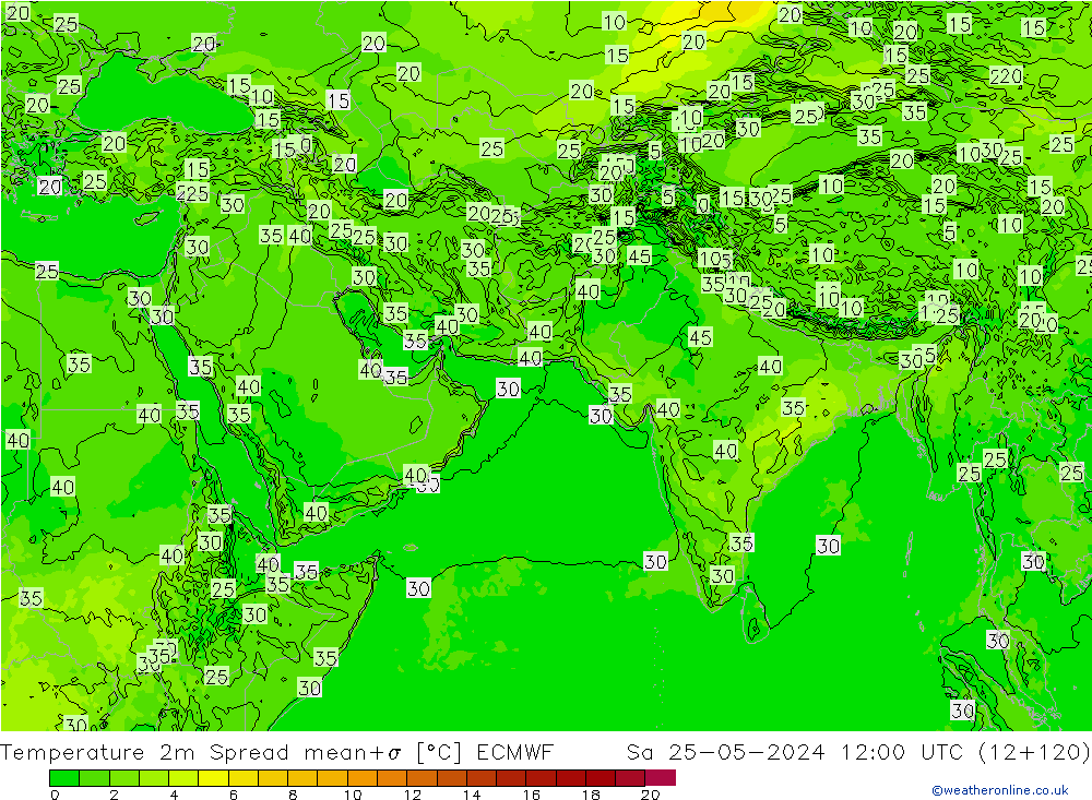 Temperatura 2m Spread ECMWF Sáb 25.05.2024 12 UTC