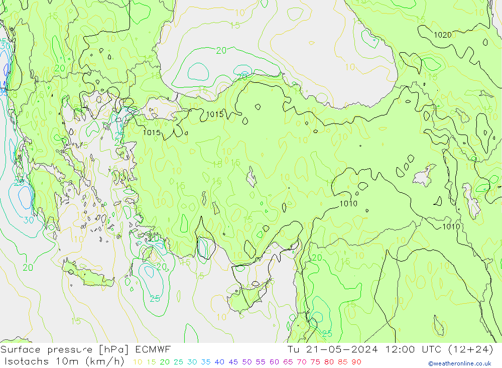 Eşrüzgar Hızları (km/sa) ECMWF Sa 21.05.2024 12 UTC