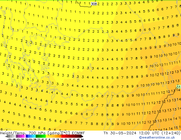 Height/Temp. 700 hPa ECMWF Th 30.05.2024 12 UTC