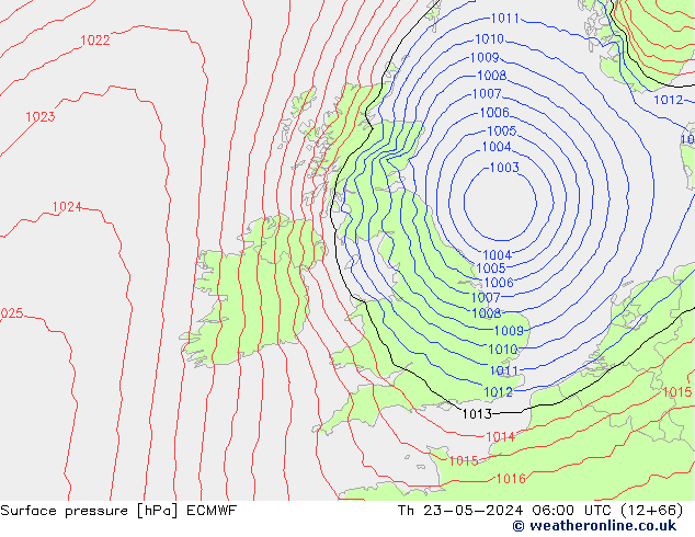 pressão do solo ECMWF Qui 23.05.2024 06 UTC