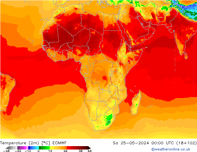 mapa temperatury (2m) ECMWF so. 25.05.2024 00 UTC