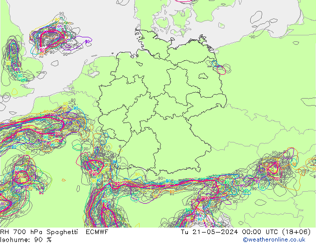 RH 700 hPa Spaghetti ECMWF 星期二 21.05.2024 00 UTC