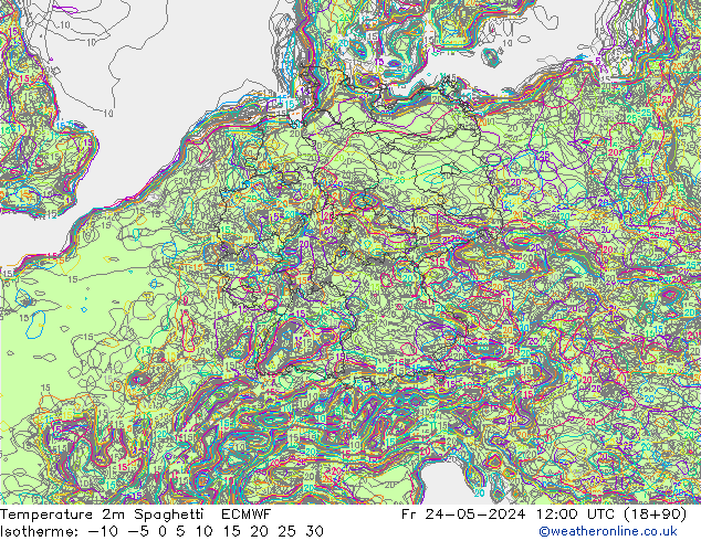 Temperature 2m Spaghetti ECMWF Fr 24.05.2024 12 UTC