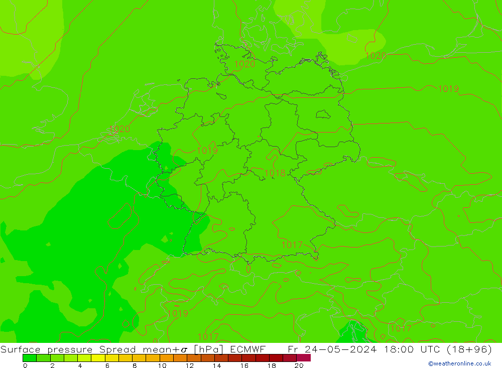 Surface pressure Spread ECMWF Fr 24.05.2024 18 UTC