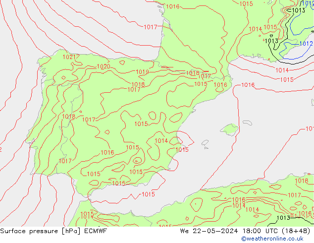 pressão do solo ECMWF Qua 22.05.2024 18 UTC